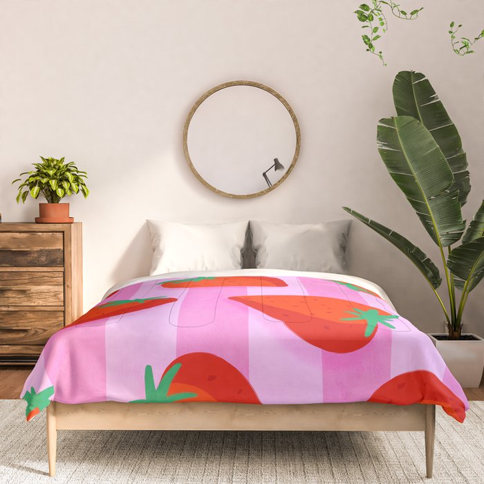 Les fraises - strawberry fruit market poster on pink stripes Comforter Gallery Image 3