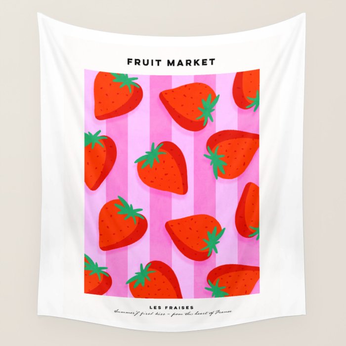 Les fraises - strawberry fruit market poster on pink stripes Wall Tapestry Gallery Image 4