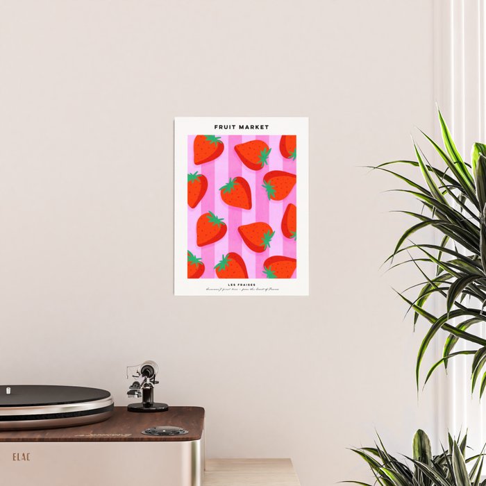 Les fraises - strawberry fruit market poster on pink stripes Poster Gallery Image 2
