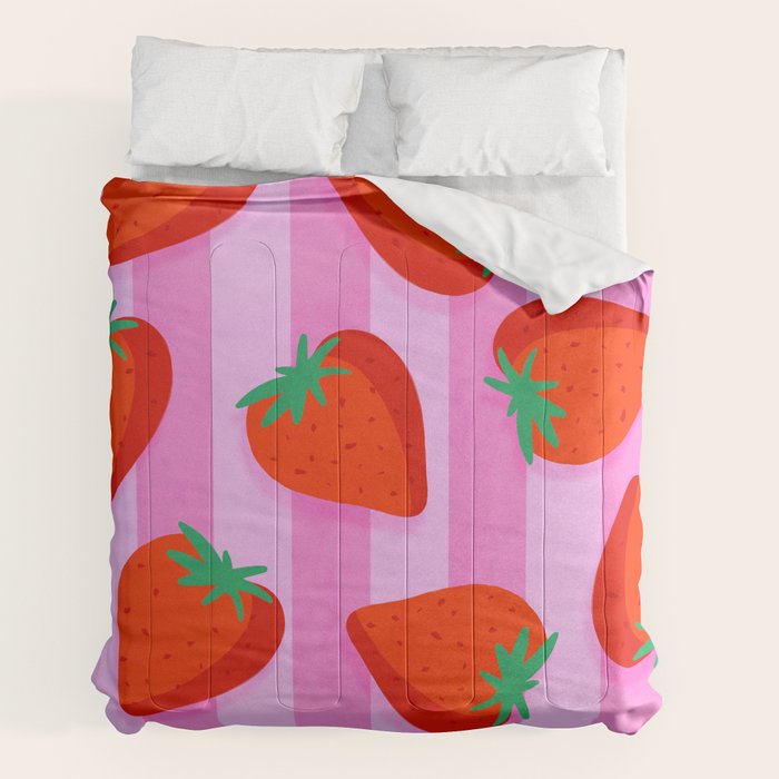 Les fraises - strawberry fruit market poster on pink stripes Comforter Gallery Image 2