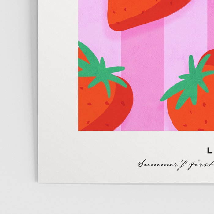 Les fraises - strawberry fruit market poster on pink stripes Poster Gallery Image 3
