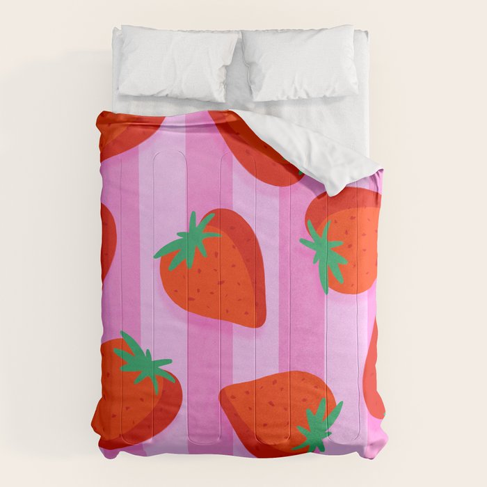 Les fraises - strawberry fruit market poster on pink stripes Comforter Gallery Image 6
