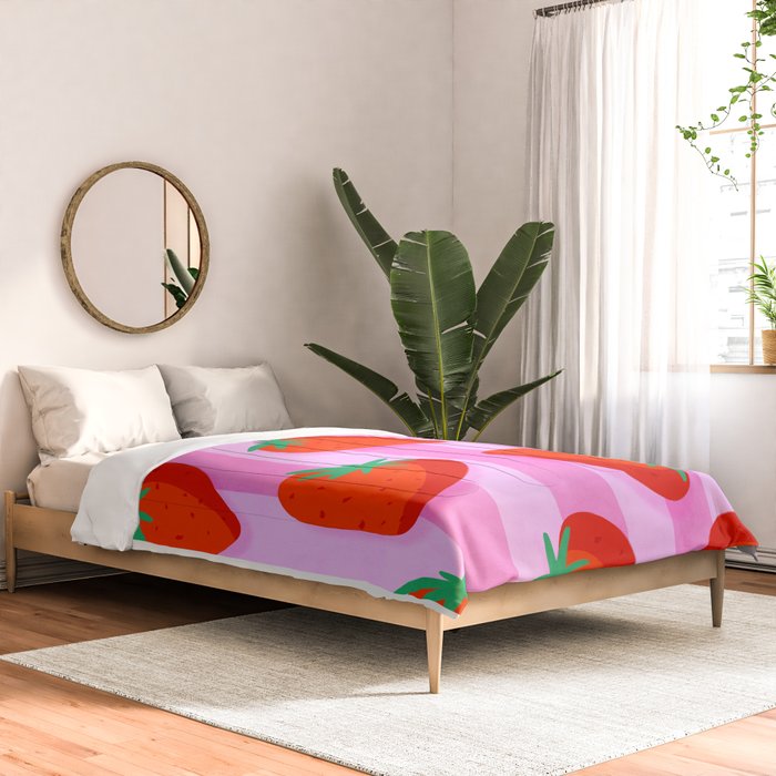 Les fraises - strawberry fruit market poster on pink stripes Comforter Gallery Image 2