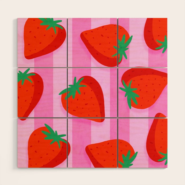 Les fraises - strawberry fruit market poster on pink stripes Wood Wall Art Gallery Image 1