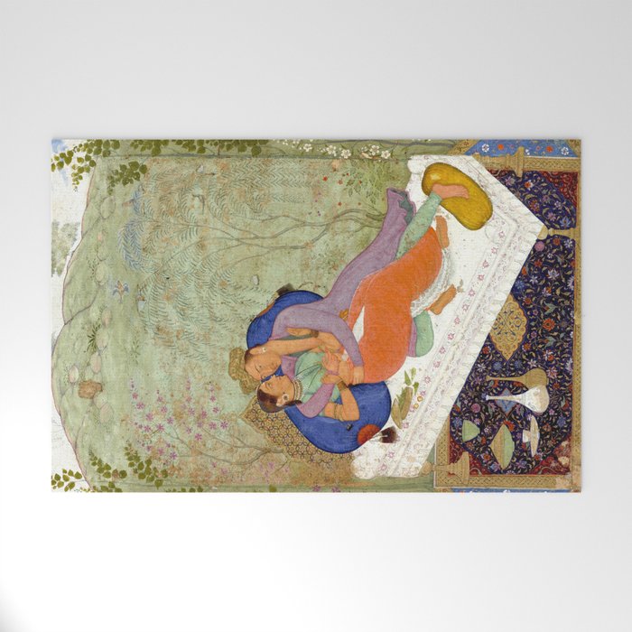 Embracing Couple Indian Painting Miniature Mughal Art Welcome Mat Gallery Image 1