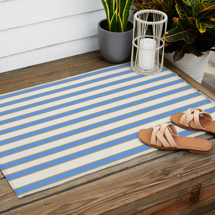 Vintage Cabana Stripe Blue And Gold Stripes Retro Boho Coastal Beach Vibe Outdoor Rug Gallery Image 2