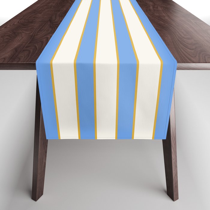 Vintage Cabana Stripe Blue And Gold Stripes Retro Boho Coastal Beach Vibe Table Runner Gallery Image 1
