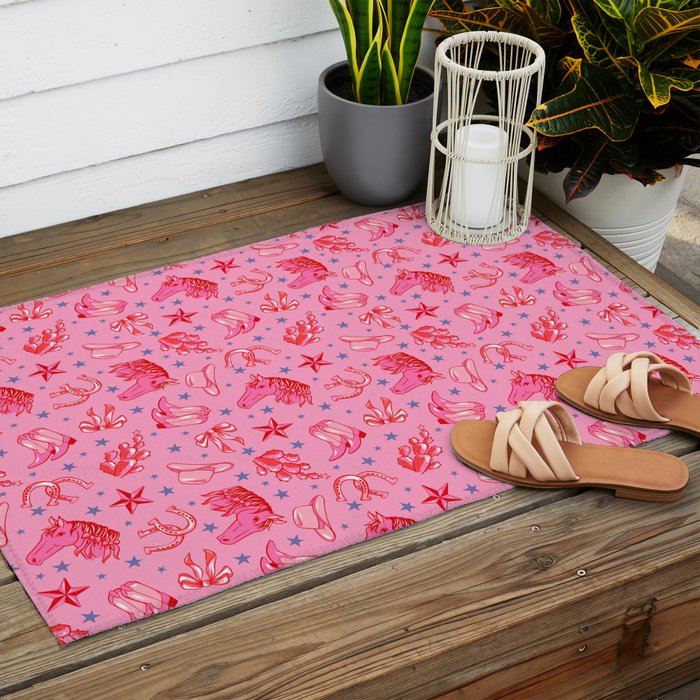 Cowgirl Christmas - pink and red Outdoor Rug Gallery Image 2