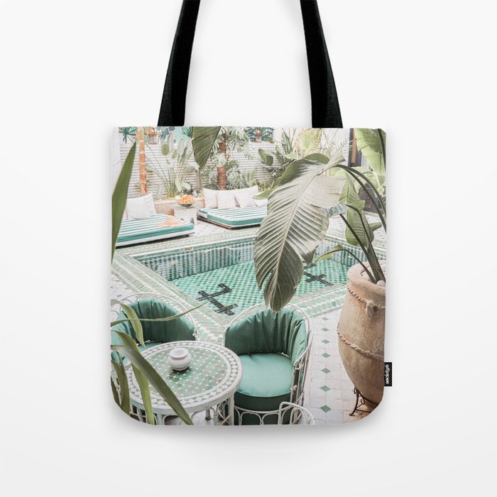 Travel Photography Art Print | Tropical Plant Leaves In Marrakech Photo | Green Pool Interior Design Tote Bag Gallery Image 1