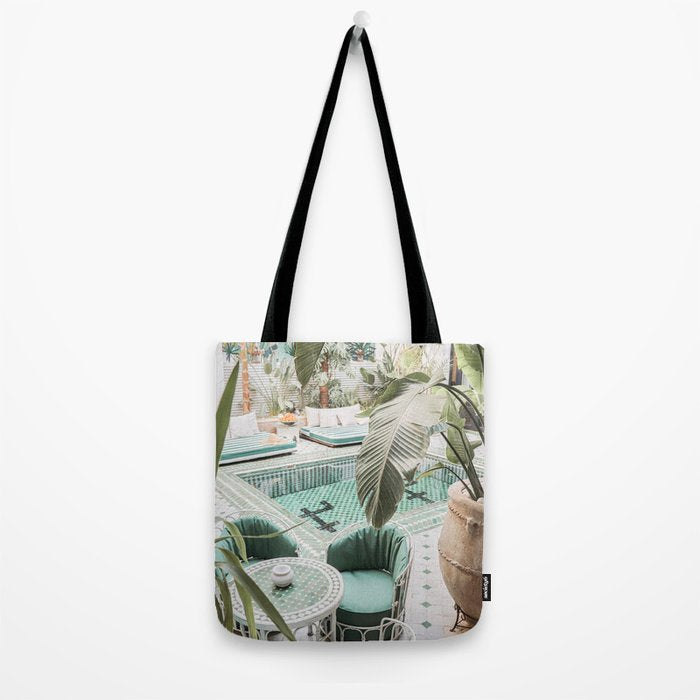 Travel Photography Art Print | Tropical Plant Leaves In Marrakech Photo | Green Pool Interior Design Tote Bag Gallery Image 2