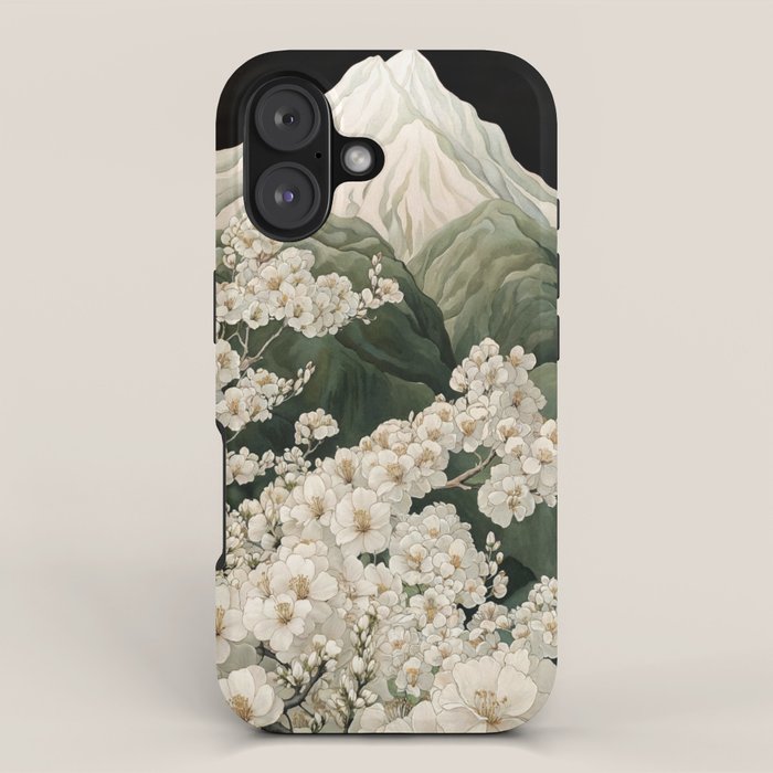 Japanese Floral Wall Art Mountain Poster Sage Green Wabi Sabi japandi  botanical Flower Painting iPhone Case Gallery Image 1