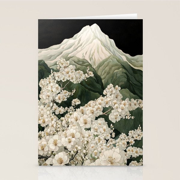 Japanese Floral Wall Art Mountain Poster Sage Green Wabi Sabi japandi  botanical Flower Painting Stationery Card Gallery Image 1