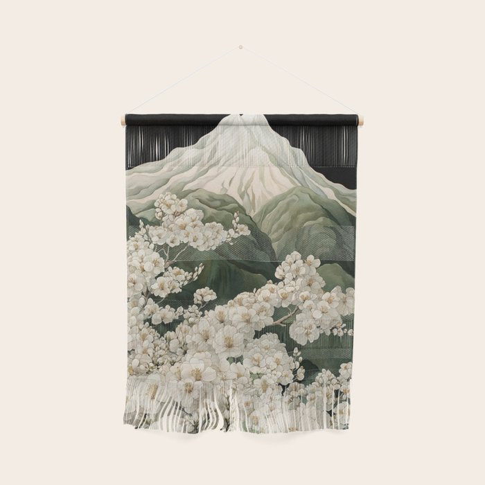 Japanese Floral Wall Art Mountain Poster Sage Green Wabi Sabi japandi  botanical Flower Painting Wall Hanging Gallery Image 1