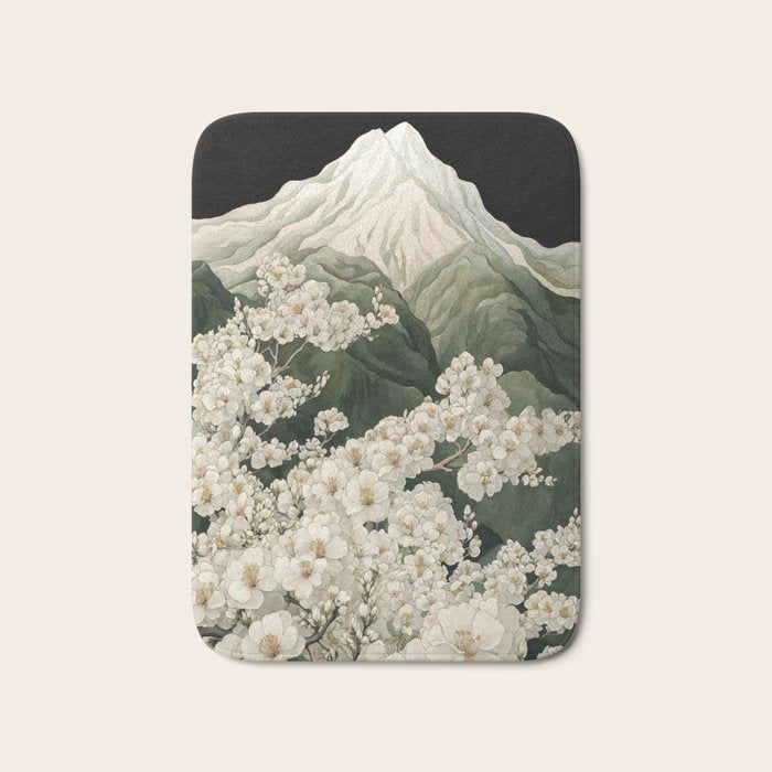 Japanese Floral Wall Art Mountain Poster Sage Green Wabi Sabi japandi  botanical Flower Painting Bath Mat Gallery Image 1
