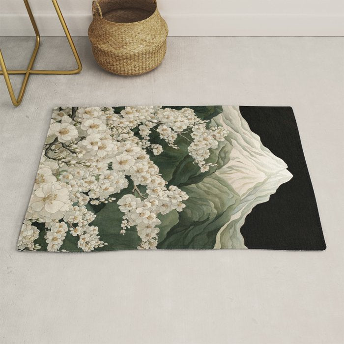 Japanese Floral Wall Art Mountain Poster Sage Green Wabi Sabi japandi  botanical Flower Painting Rug Gallery Image 1
