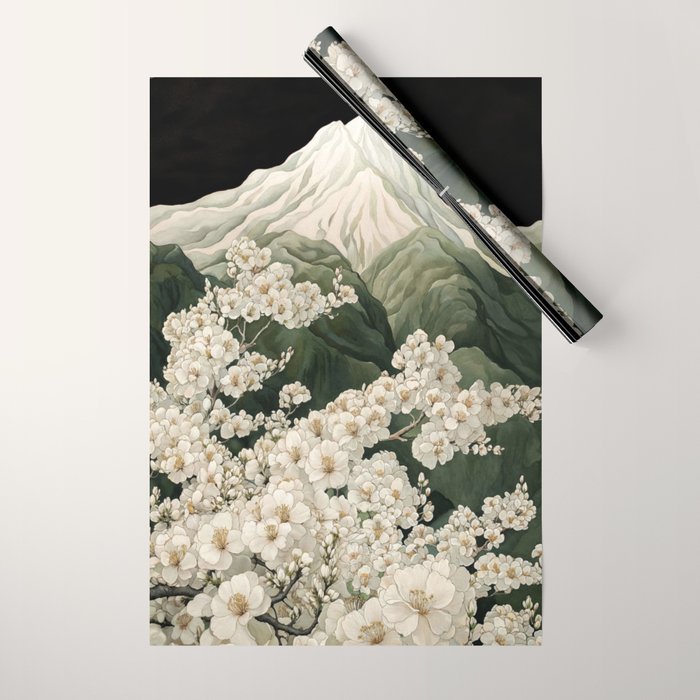 Japanese Floral Wall Art Mountain Poster Sage Green Wabi Sabi japandi  botanical Flower Painting Wrapping Paper Gallery Image 1