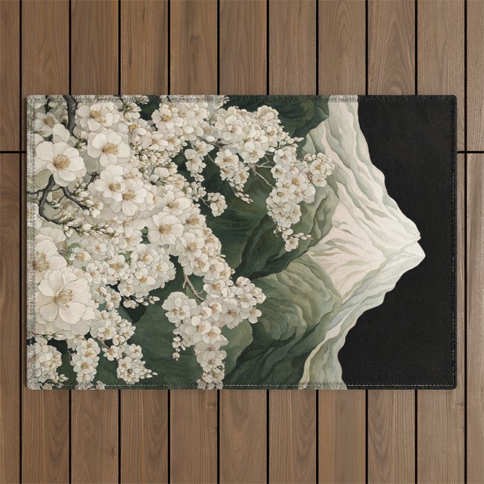Japanese Floral Wall Art Mountain Poster Sage Green Wabi Sabi japandi  botanical Flower Painting Outdoor Rug Gallery Image 1