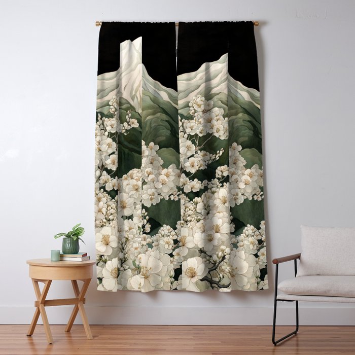Japanese Floral Wall Art Mountain Poster Sage Green Wabi Sabi japandi  botanical Flower Painting Window Curtain Gallery Image 5