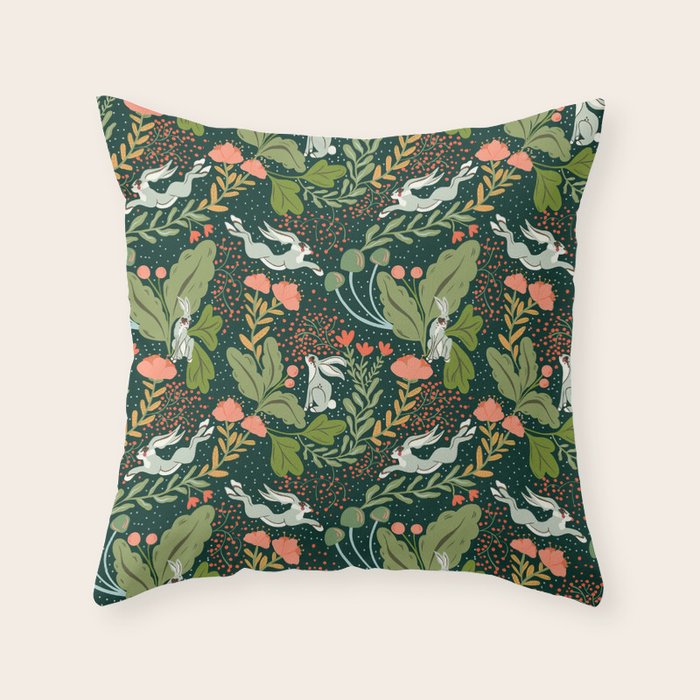 Dancing rabbits in the wildflowers garden Throw Pillow Gallery Image 6
