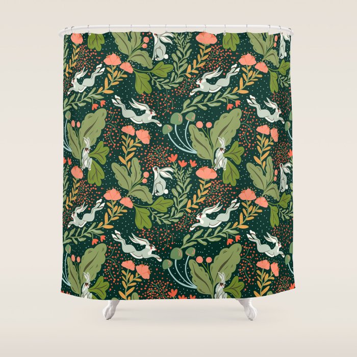 Dancing rabbits in the wildflowers garden Shower Curtain Gallery Image 1