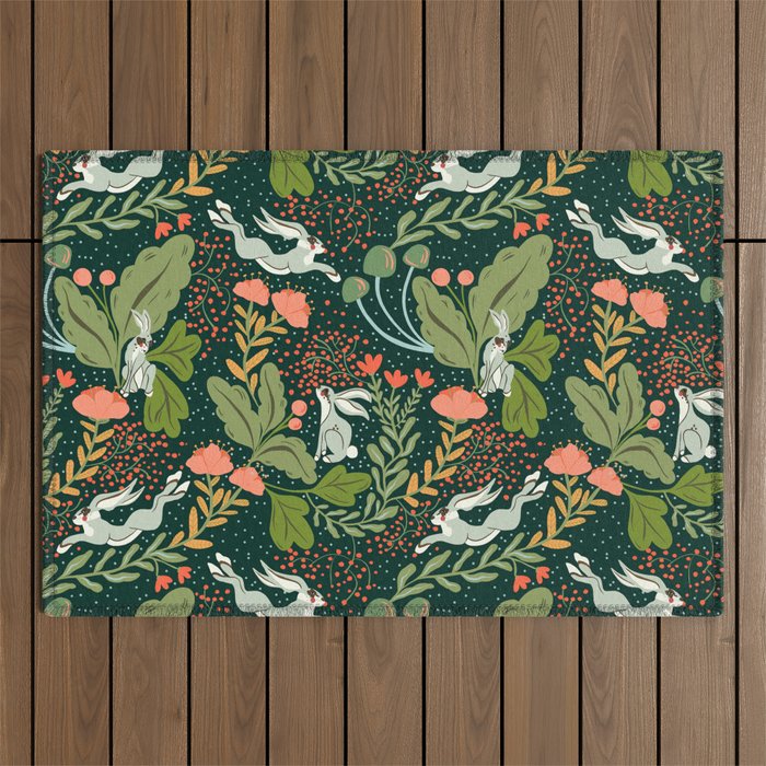 Dancing rabbits in the wildflowers garden Outdoor Rug Gallery Image 1