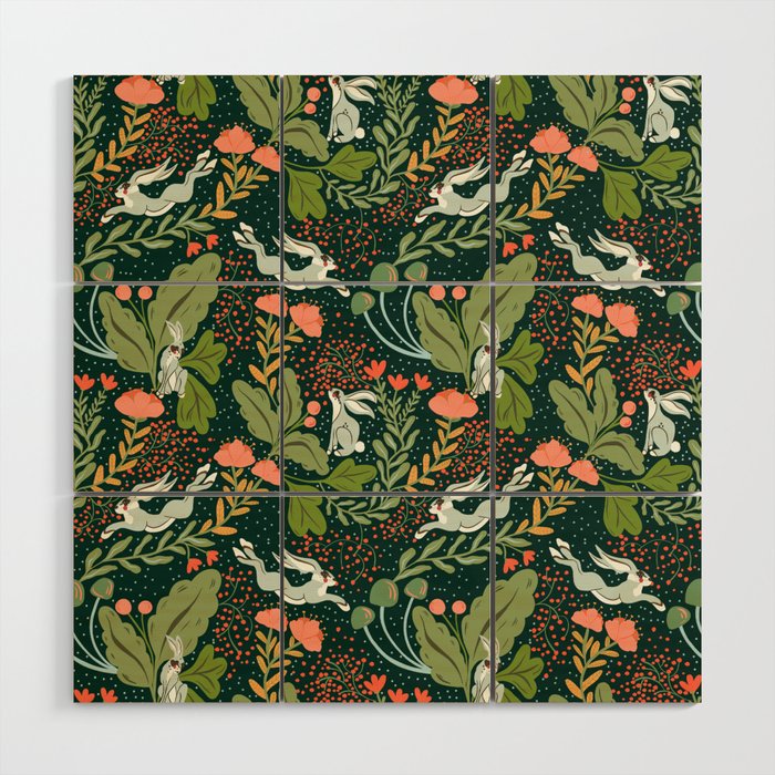 Dancing rabbits in the wildflowers garden Wood Wall Art Gallery Image 1