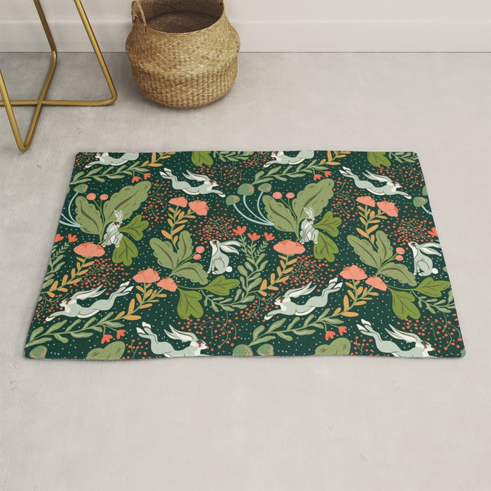 Dancing rabbits in the wildflowers garden Rug Gallery Image 1