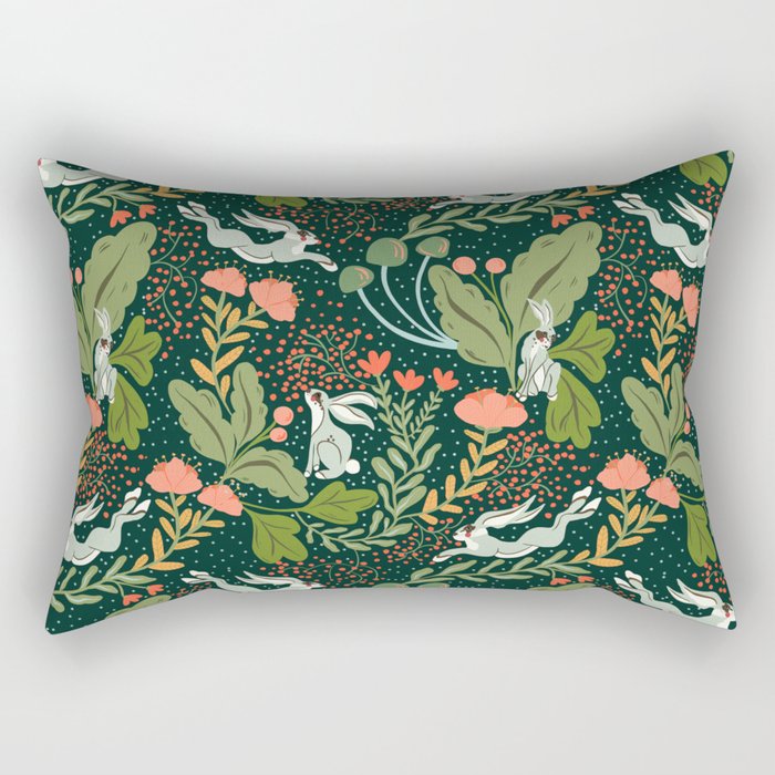 Dancing rabbits in the wildflowers garden Rectangular Pillow Gallery Image 2