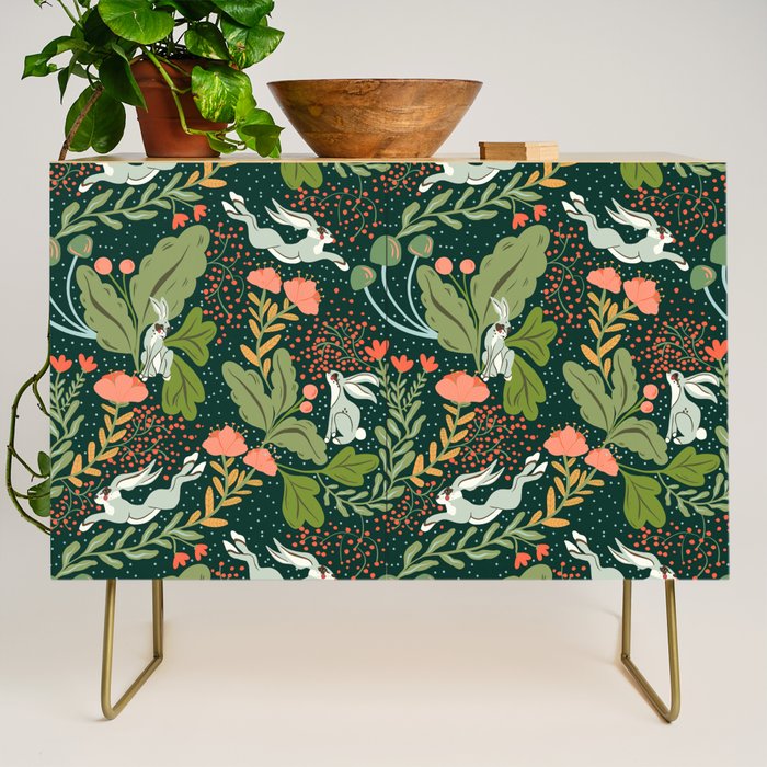 Dancing rabbits in the wildflowers garden Credenza Gallery Image 1
