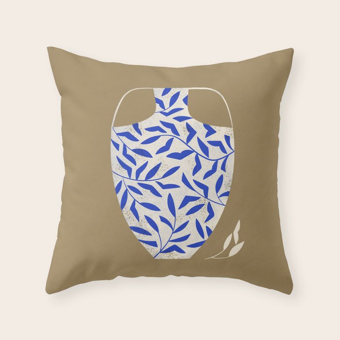 Leafy Blue Vase Throw Pillow Gallery Image 1