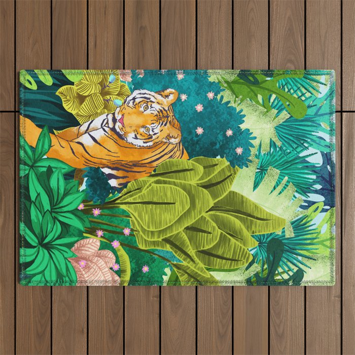 Jungle Tiger | Modern Bohemian Colorful Forest | Tropical Botanical Nature Watercolor Painting Outdoor Rug Gallery Image 1