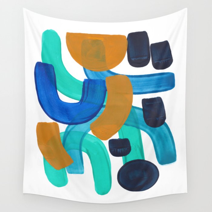 Minimalist Abstract Mid Century Modern Colorful Shapes Marine Green Teal Blue Yellow Pattern Wall Tapestry Gallery Image 1