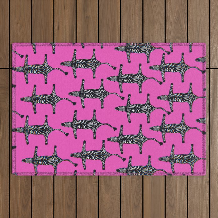 Modern abstract minimalistic zebras illustration in fuchsia pink background  Outdoor Rug Gallery Image 1