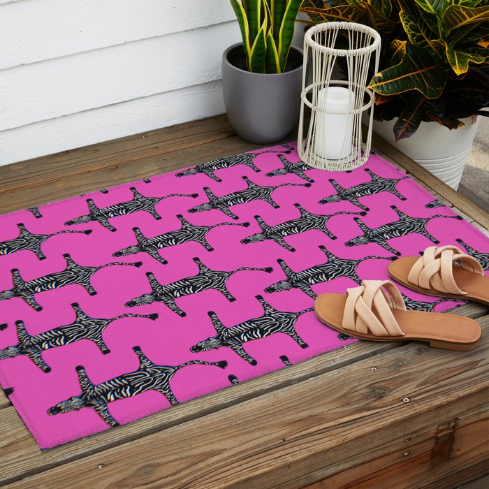 Modern abstract minimalistic zebras illustration in fuchsia pink background  Outdoor Rug Gallery Image 2