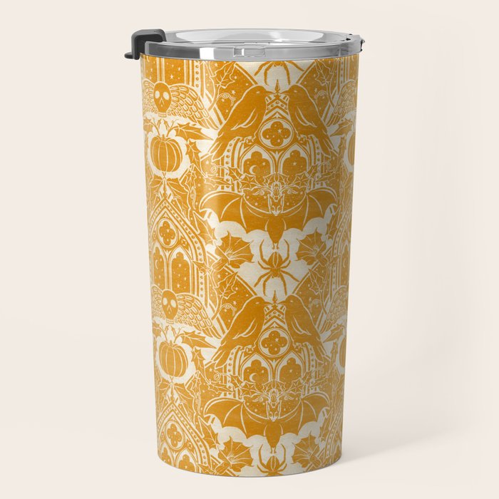 Gothic Halloween Damask - marigold and cream  Travel Mug Gallery Image 3