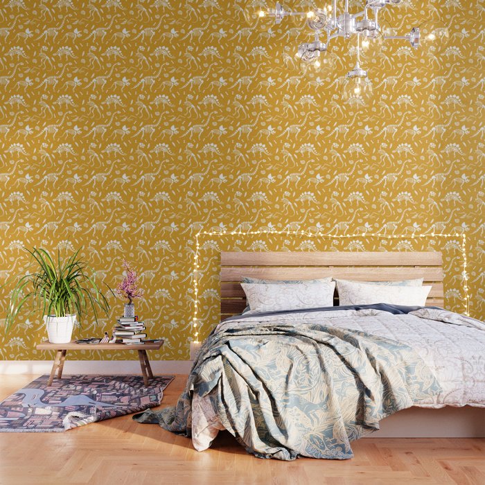 Dinosaur Fossils on Mustard Yellow Wallpaper Gallery Image 1