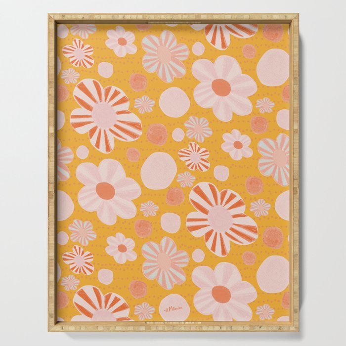 Pop Art Stripe Flowers in Retro Tangerine Serving Tray Gallery Image 1