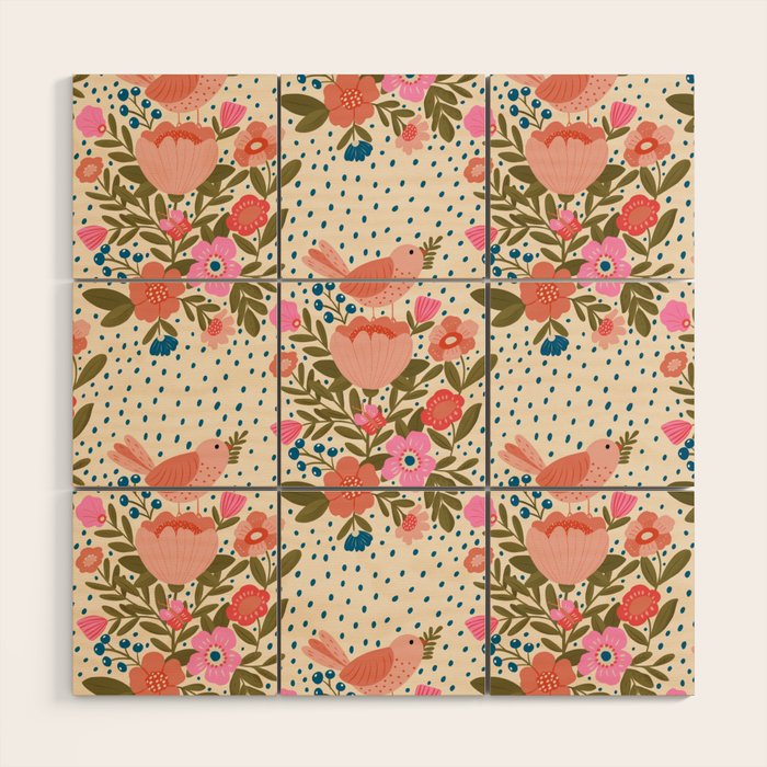 Folk Floral Bird  Wood Wall Art Gallery Image 1