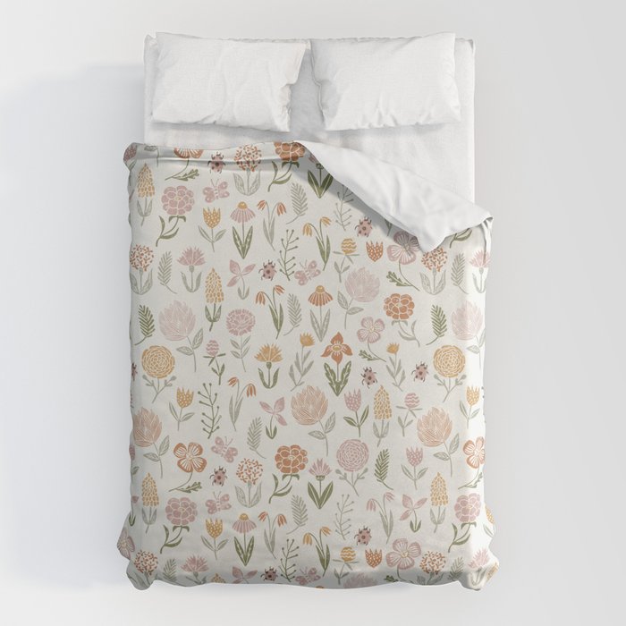 Botanical Woodcut - floral daisies, ditsy woodcut, boho, fall, autumn, flowers Duvet Cover Gallery Image 6