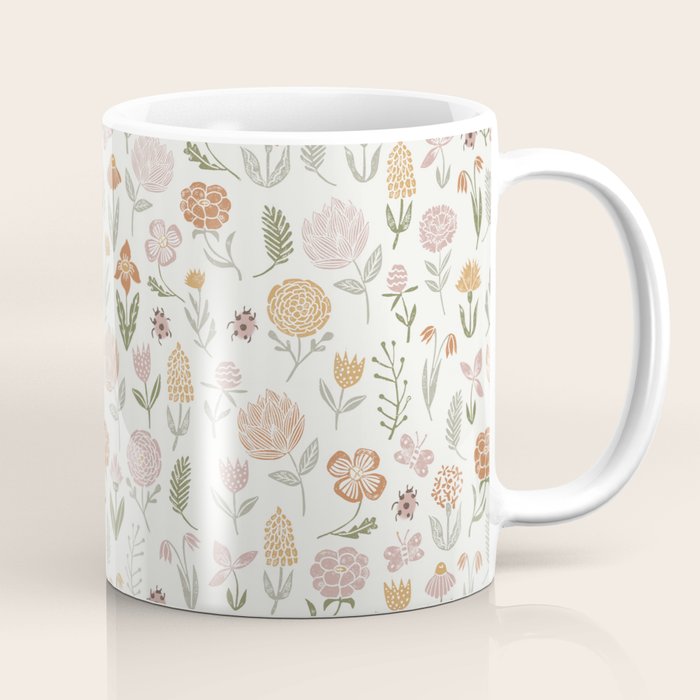 Botanical Woodcut - floral daisies, ditsy woodcut, boho, fall, autumn, flowers Coffee Mug Gallery Image 1