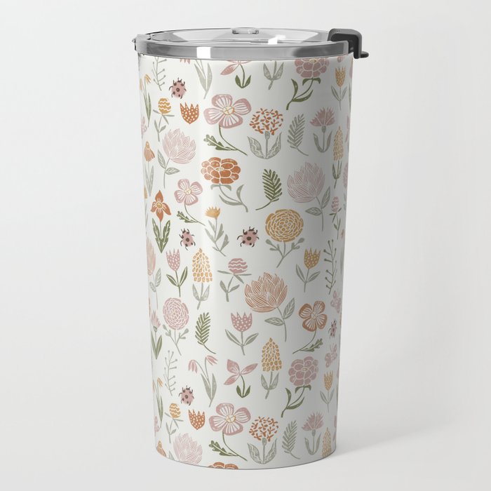 Botanical Woodcut - floral daisies, ditsy woodcut, boho, fall, autumn, flowers Travel Mug Gallery Image 2