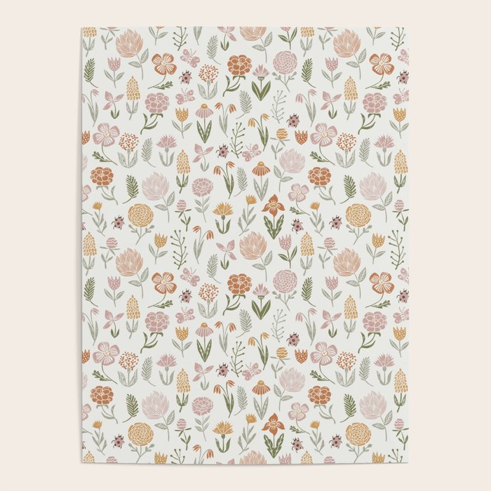 Botanical Woodcut - floral daisies, ditsy woodcut, boho, fall, autumn, flowers Poster Gallery Image 1