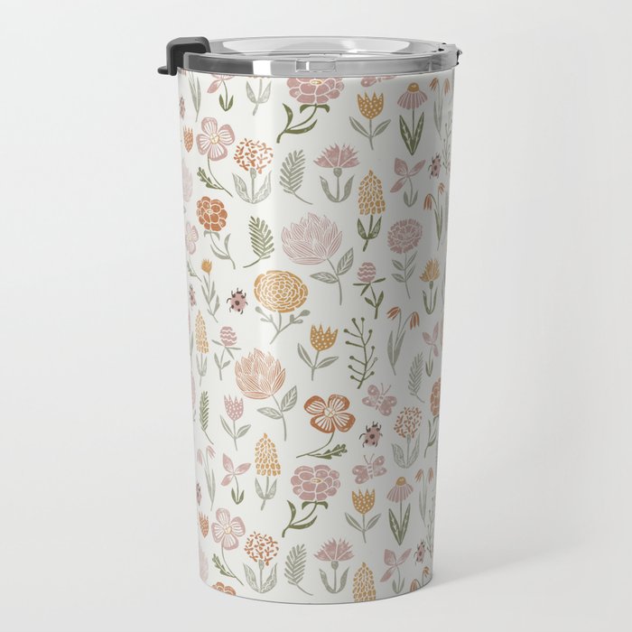 Botanical Woodcut - floral daisies, ditsy woodcut, boho, fall, autumn, flowers Travel Mug Gallery Image 3