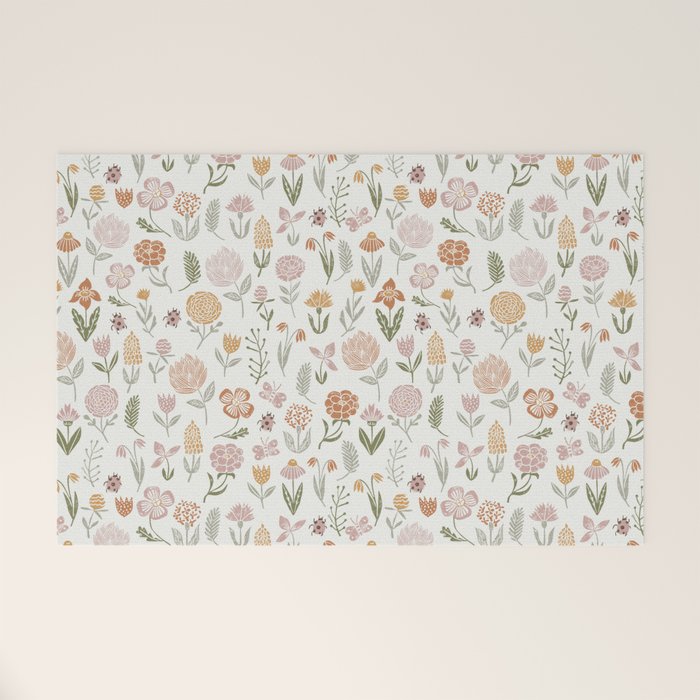 Botanical Woodcut - floral daisies, ditsy woodcut, boho, fall, autumn, flowers Welcome Mat Gallery Image 1