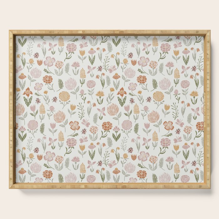 Botanical Woodcut - floral daisies, ditsy woodcut, boho, fall, autumn, flowers Serving Tray Gallery Image 1