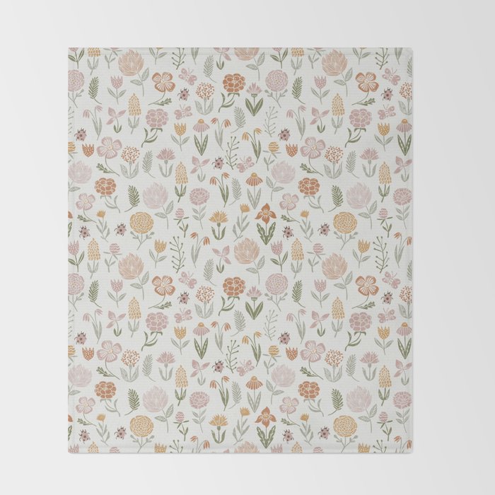 Botanical Woodcut - floral daisies, ditsy woodcut, boho, fall, autumn, flowers Throw Blanket Gallery Image 2