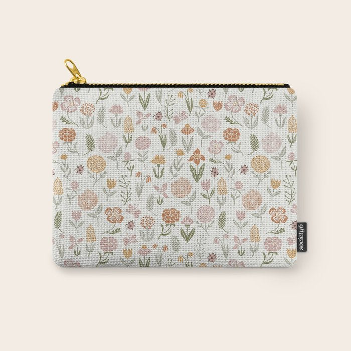Botanical Woodcut - floral daisies, ditsy woodcut, boho, fall, autumn, flowers Carry All Pouch Gallery Image 1
