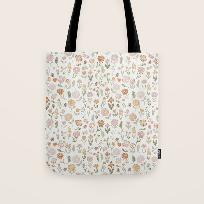 Botanical Woodcut - floral daisies, ditsy woodcut, boho, fall, autumn, flowers Tote Bag Gallery Image 1