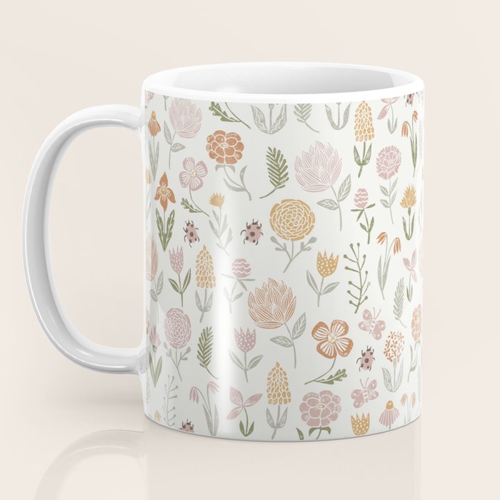 Botanical Woodcut - floral daisies, ditsy woodcut, boho, fall, autumn, flowers Coffee Mug Gallery Image 3