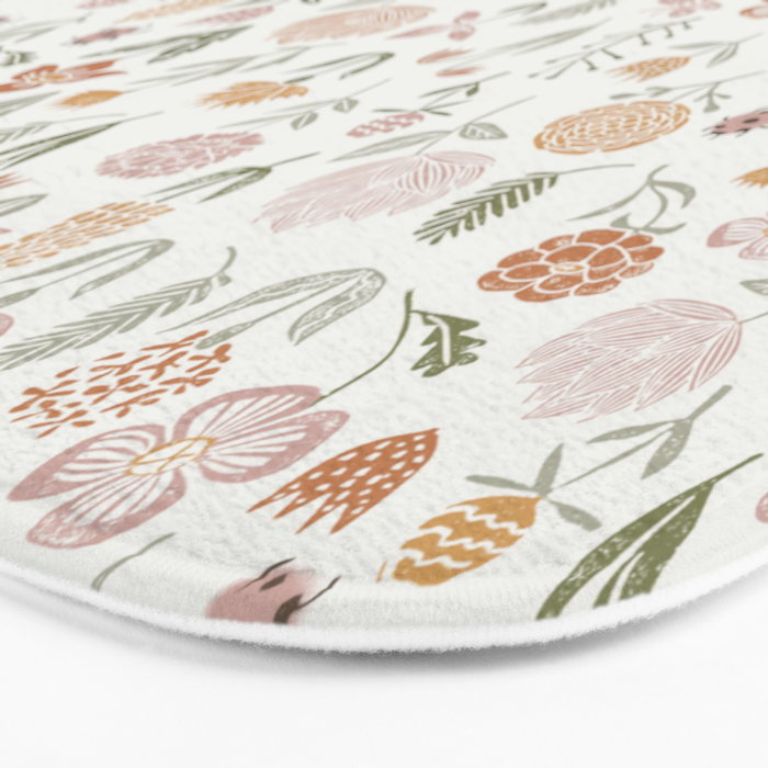 Botanical Woodcut - floral daisies, ditsy woodcut, boho, fall, autumn, flowers Bath Mat Gallery Image 3